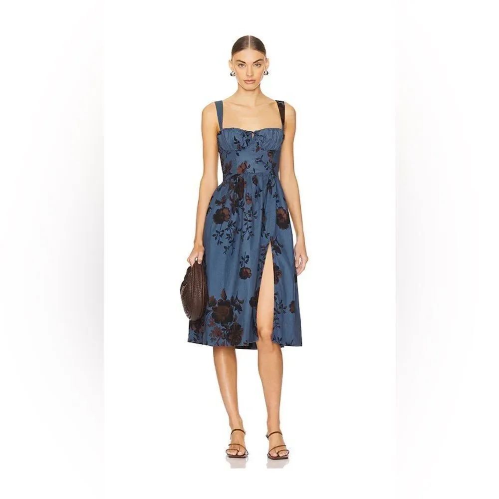 FREE PEOPLE Laters Baby Midi Dress in Storm blue and brown Combo Size Small